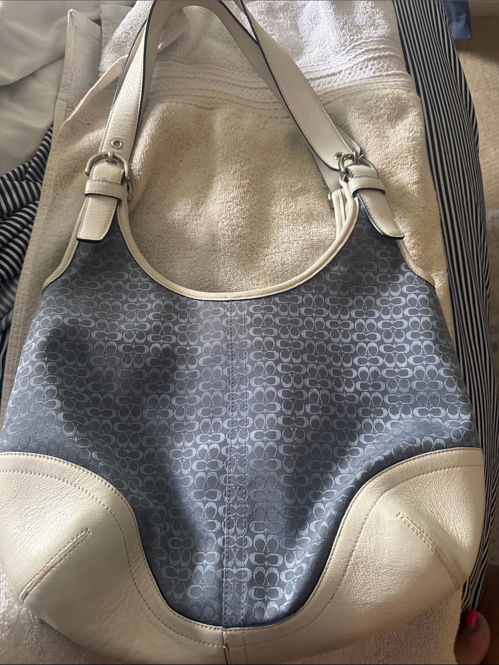 Baby Blue Patterned Canvas and Cream Leather Hobo Bag